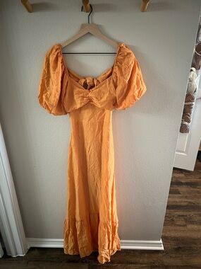 BiBi Orange Puff-Sleeve Tie-Front Maxi Dress